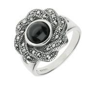 Silver Whitby Jet Marcasite Ribbon Edge Ring
