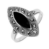 Silver Whitby Jet Marcasite Marquise Beaded Edge Ring