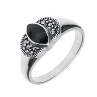 Silver Whitby Jet Marcasite Marquise Ring