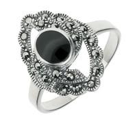 Silver Whitby Jet Marquise Oval Centre Twisted Ring