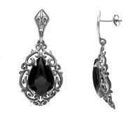 Silver and Whitby Jet Heavy Carved Pear Earrings