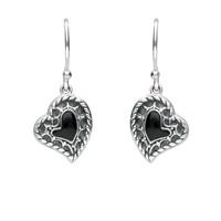 Silver And Whitby Jet Oxidised Heart Drop Earrings