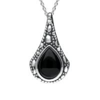 Silver And Whitby Jet Stone Teardrop Oxidised Necklace