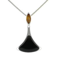 Silver Whitby Jet And Amber 2 Stone Triangle Drop Necklace