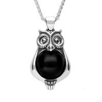 Silver Whitby Jet and Marcasite Small Owl Necklace