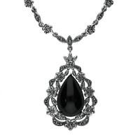 Silver Whitby Jet And Marcasite Stone Pear Flower Necklace