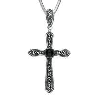 Silver Whitby Jet And Marcasite Vintage Cross Necklace