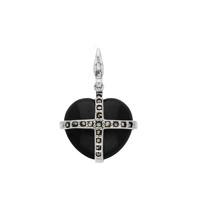 Silver Whitby Jet and Seventeen Marcasite Small Cross Heart Charm
