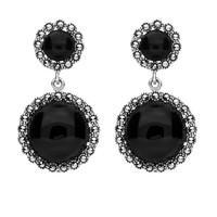 Silver Whitby Jet And Marcasite Round Double Drop Earrings