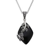 Silver Whitby Jet and Marcasite Butterfly And Leaf Necklace