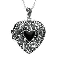 Silver Whitby Jet And Marcasite Heart Shaped Vintage Style Locket