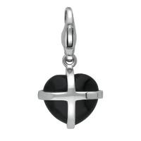 Silver And Whitby Jet Small Cross Heart Charm