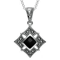 Silver And Whitby Jet Square Marcasite Necklace