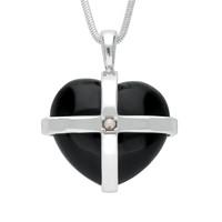 Silver Whitby Jet One Pearl Large Cross Heart Necklace