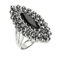 SILVER WHITBY JET MARCASITE MARQUISE DOUBLE ROW BEAD RING