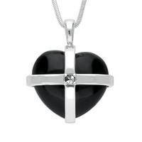 Silver Whitby Jet One Marcasite Large Cross Heart Necklace