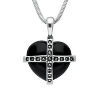 Silver Whitby Jet Seventeen Marcasite Small Cross Heart Necklace