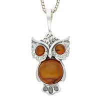 Silver And Amber Cubic Zirconia Medium Owl Necklace