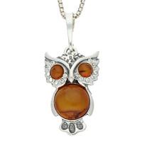 silver and amber cubic zirconia medium owl necklace