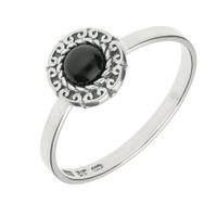 Silver Whitby Jet Round Curved Rope Edge Ring