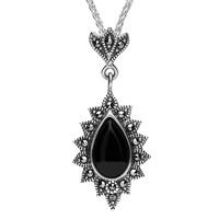 Silver Whitby Jet Marcasite Beaded Edge Pear Pendant Necklace