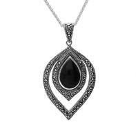 Silver Whitby Jet Marcasite Fancy Pear Necklace
