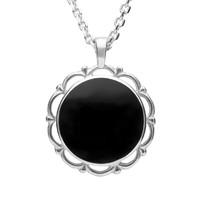Silver Whitby Jet Round Frill Pendant Necklace