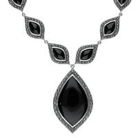 Silver Whitby Jet Marcasite Seventeen Pear Drop Necklace