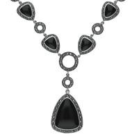 Silver Whitby Jet Marcasite Thirteen Stone Drop Triangle Necklace