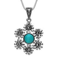 Silver Turquoise Marcasite Flower Petal Necklace