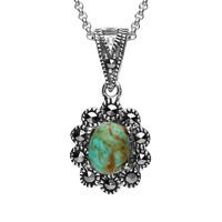 Silver Turquoise Marcasite Oval Scalloped Edge Pendant