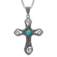 Silver Turquoise Marcasite Swirl Cross Necklace
