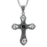 Silver Whitby Jet Marcasite Swirl Cross Necklace