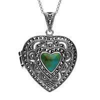 Silver Turquoise Marcasite Large Heart Locket Necklace
