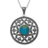 Silver Turquoise Marcasite Open Circle Pendant Necklace