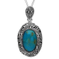 Silver Turquoise Marcasite Twisted Spiral Edge Pendant Necklace