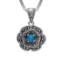 Silver Turquoise Marcasite Flower Pendant Necklace