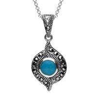 Silver Turquoise Marcasite Twisted Round Pendant Necklace