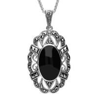Silver Whitby Jet Marcasite Oval Lace Edge Necklace