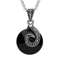 Silver Whitby Jet Marcasite Round Spiral Top Necklace