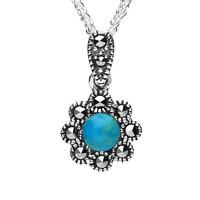 Silver Turquoise Marcasite Rounded Bead Edge Pendant Necklace