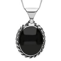 Silver Whitby Jet Large Oval Rope Edge Pendant Necklace