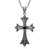 Silver Whitby Jet Three Point Cross Marcasite Necklace