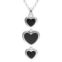 Silver Whitby Jet Triple Heart Drop Pendant Necklace