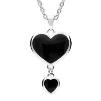 Silver Whitby Jet Double Heart Pendant Necklace