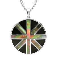 Silver Whitby Jet Mother of Pearl Union Jack Round Pendant Necklace