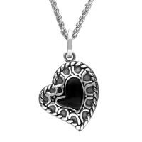 Silver Whitby Jet Patterned Oxidised Heart Pendant Necklace
