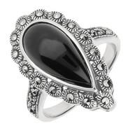 Silver Whitby Jet Marcasite Pear Centre Beaded Edge Ring