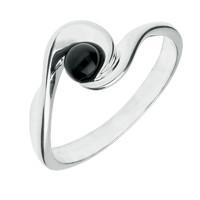 Silver Whitby Jet Round Centre Stone Wave Ring