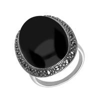 Silver Whitby Jet Marcasite Large Oval Ring